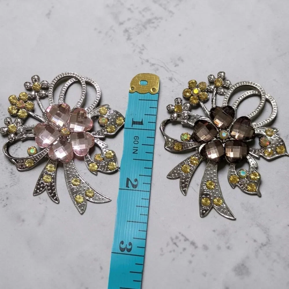 Set of 2 Rhinestone Flower Bouquet Brooches, Pink Brown Yellow, Silver Tone Pins